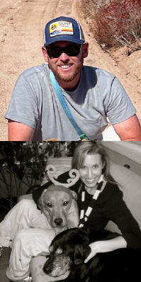 Collage of a man in a baseball cap and a woman with two dogs.