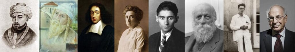 Collage of prominent Jewish thinkers and figures, including Maimonides and Kafka.