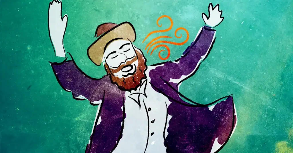 Illustration of Rabbi Nachman of Breslov with arms raised in joy, emphasizing happiness.